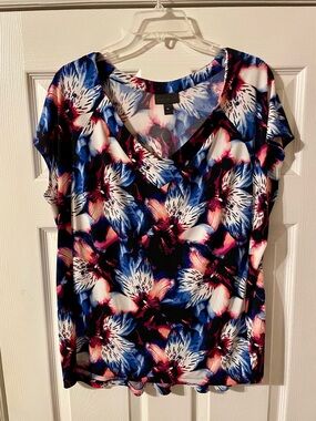 Worthington Floral V-Neck Women's Top in Blue and Pink size Extra Large